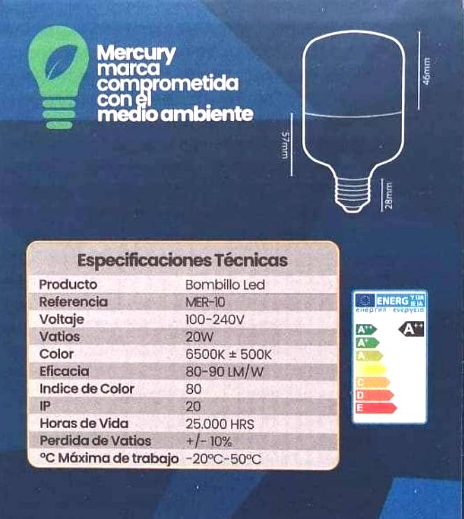 Bombillo LED - 20W - 6500K - Luz Blanca - Rosca E27