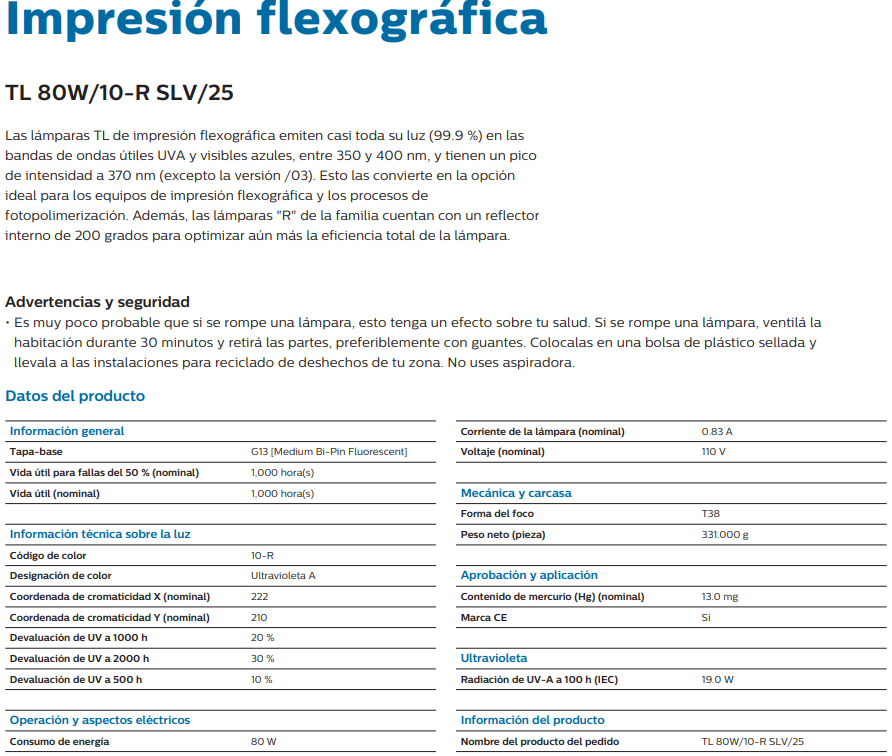 Lámpara Philips TL 80W/10-R – UVA para Flexografía y Curado UV