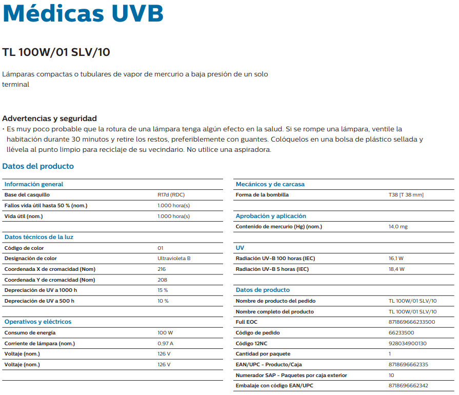 Lámpara TL 100W/01 – UVB Médica