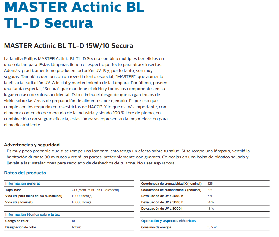 Lámpara Philips Actinic BL TL-D 15W/10 – Luz Actínica UVA 15W