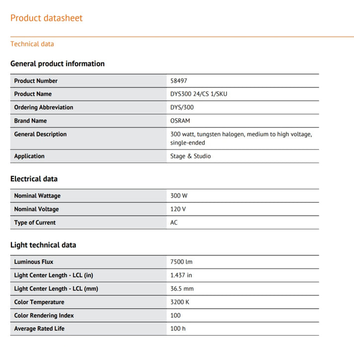 120V - 300W - GZ9.5 - DYS/BHC - OSRAM