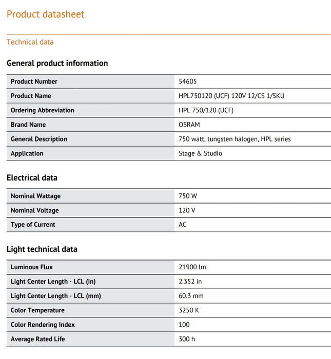 120V - 750W - G9.5 - HPL - OSRAM