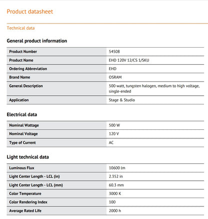 120V- 500W - G9.5 - EHD - OSRAM