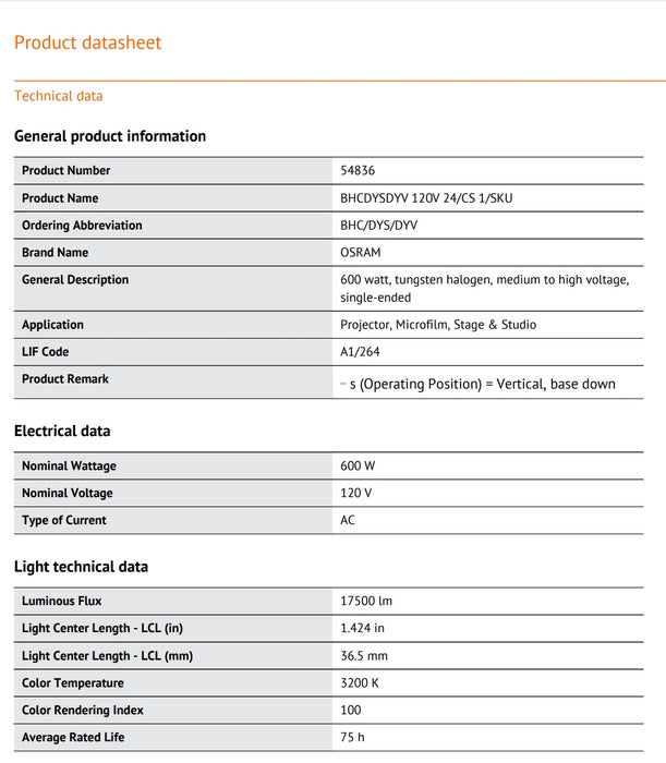 120V - 600W - DYS/BHC - OSRAM