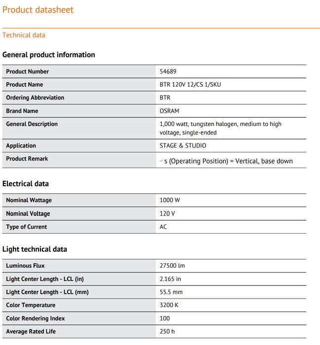 120V - 1000W - P28S - BTR - OSRAM