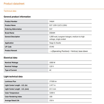 120V - 1000W - G22 - EGT - OSRAM