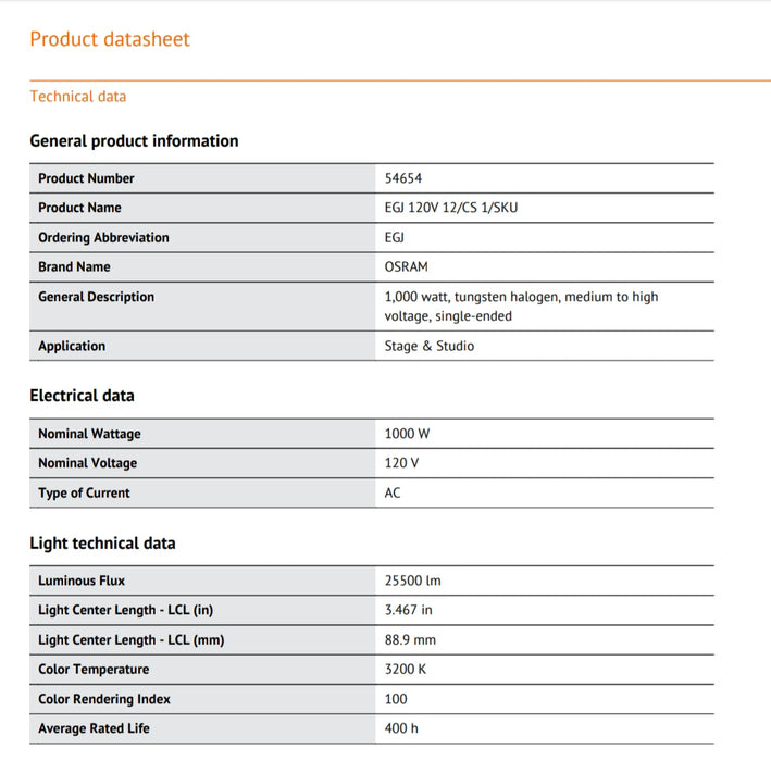 120V - 1000W - P28s - EGJ - OSRAM