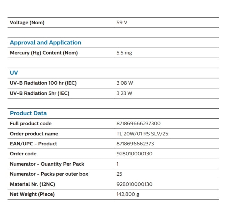 TL20W/01 NARROWBAND - ULTRAVIOLET B - PHILIPS